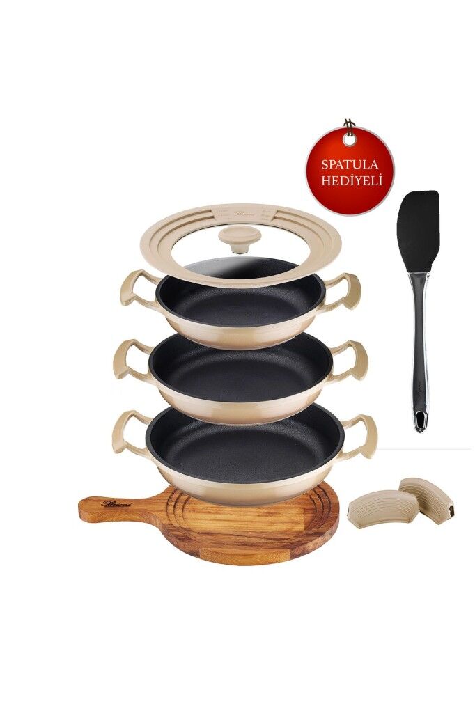 Brioni Try Cook 7 Parça Bej Yanmaz Yapışmaz Diamond Kaplama Sahanlık Tava Seti