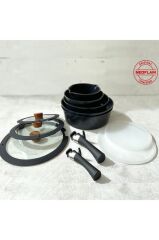 Neoflam Midas Siyah 12 Parça (Yedek Kulplu) Ayrılabilen Saplı Iç Içe Geçebilen Indüksiyonlu Tencere Tava Set