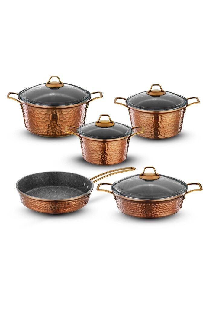 Brioni Copper 9 Parça Yanmaz Yapışmaz Bakır Görünümlü Granit Tencere Seti