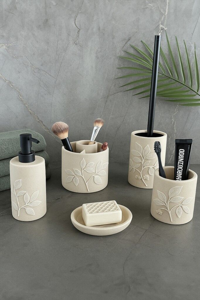 Primanova Leaf Banyo Seti 5 Parça - Bej