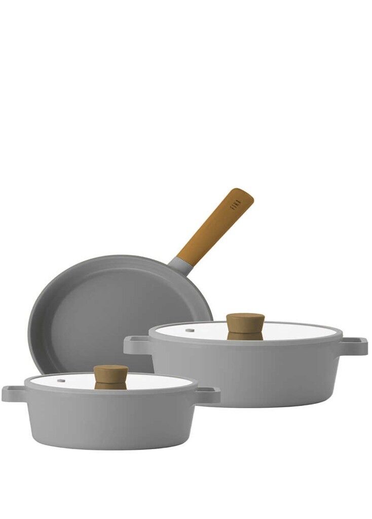 Neoflam Fika Gri 5 Parça Cam Kapaklı Seramik Kaplama Döküm Tencere Seti