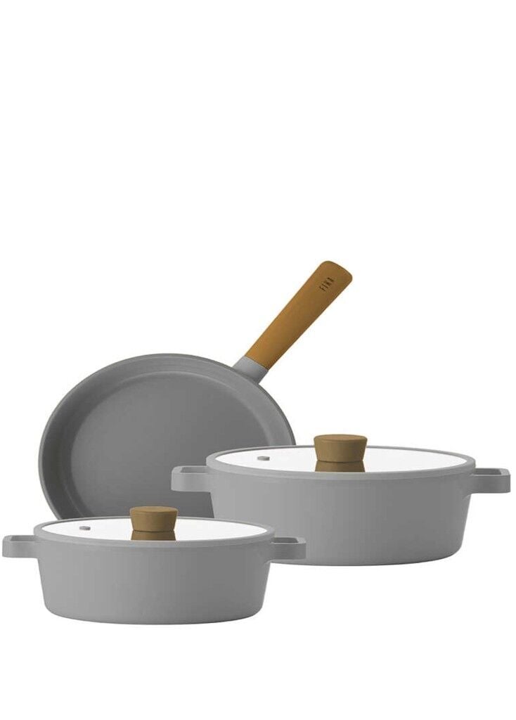 Neoflam Fika Gri 5 Parça Cam Kapaklı Seramik Kaplama Döküm Tencere Seti
