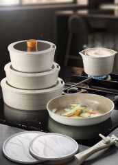 Neoflam Midas Bej 11 Parça Ayrılabilen Saplı Iç Içe Geçebilen Tencere Tava Seti