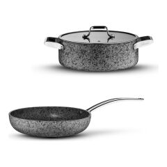 Brioni Stone-Age 3 Parça 28cm Basık- 28cm Tava Çizilmez Yanmaz Yapışmaz Kombin Tencere Tava Seti