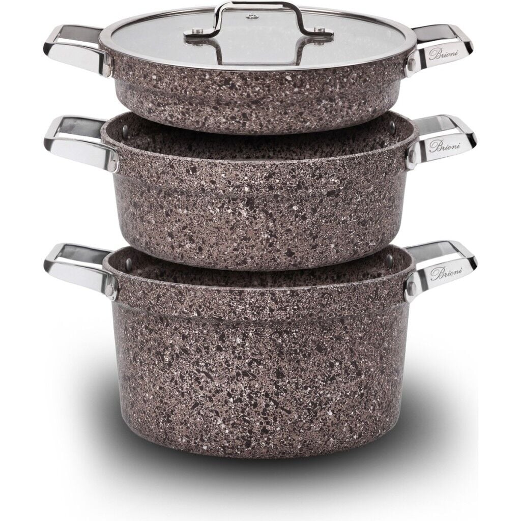 Brioni Stone-Age Flex Stone Terra 22 cm 5 Parça Yanmaz Yapışmaz Çizilmez Indüksiyonlu Tencere Seti