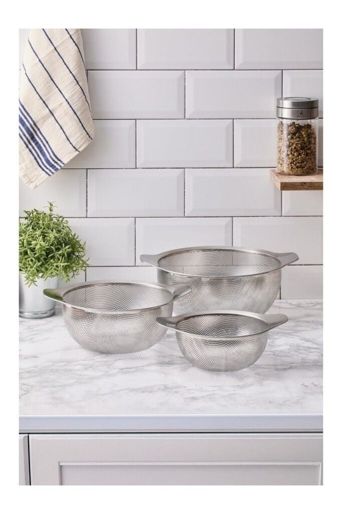 Aryıldız Çok Amaçlı Kulplu Paslanmaz Çelik Tel Süzgeç 3 Lü Set 18cm - 22cm - 26cm